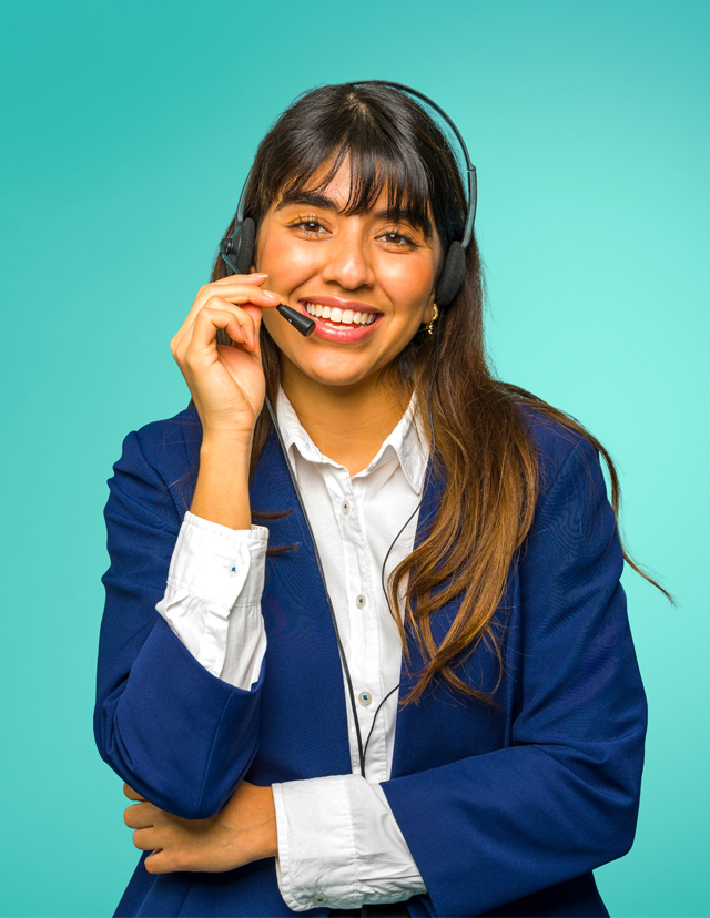call center girl wearing blue blazer and headset