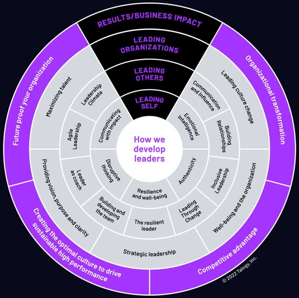 Infographic outlining Talogy's approach to leadership assessment and development across self, others, and organizations 