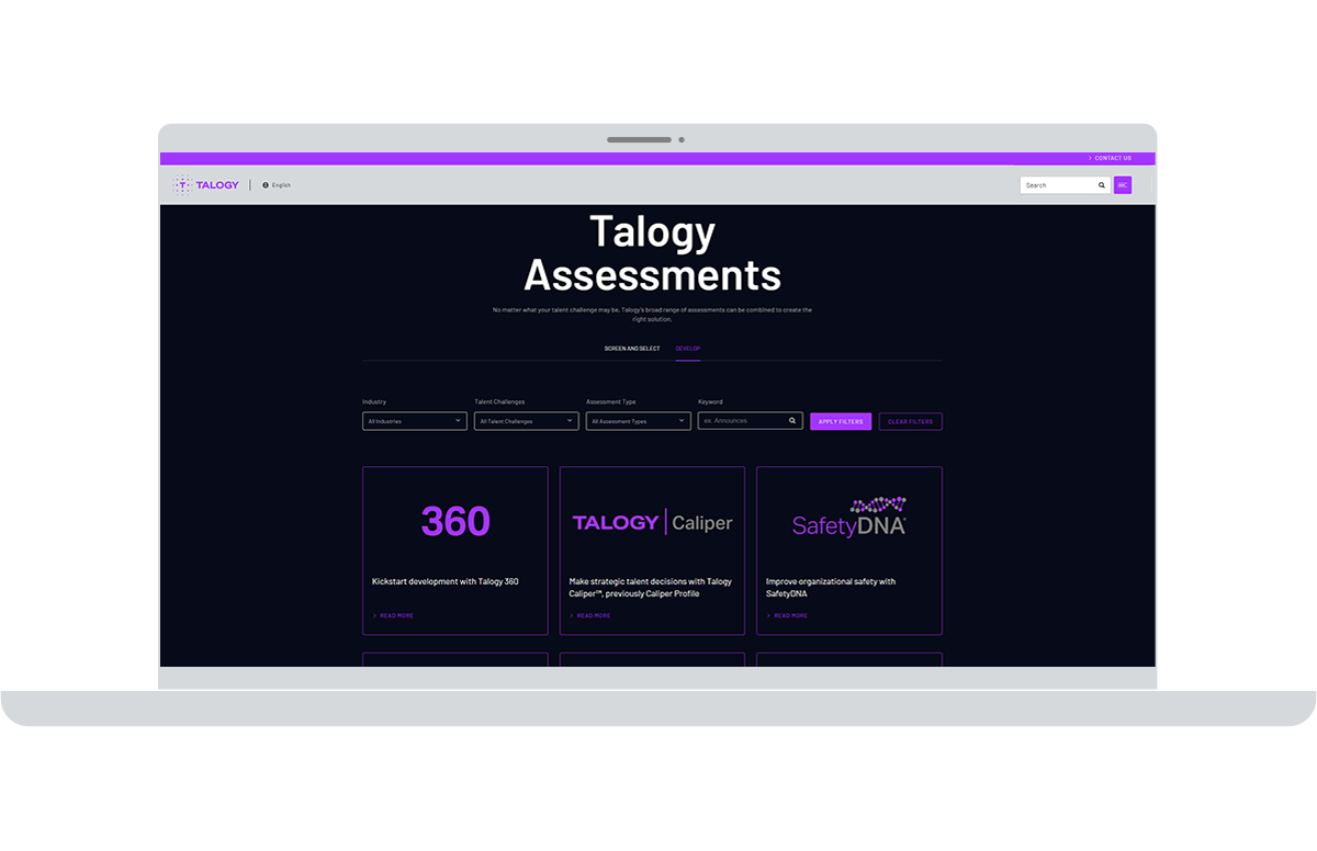 screenshot of the talogy assessment finder on a laptop