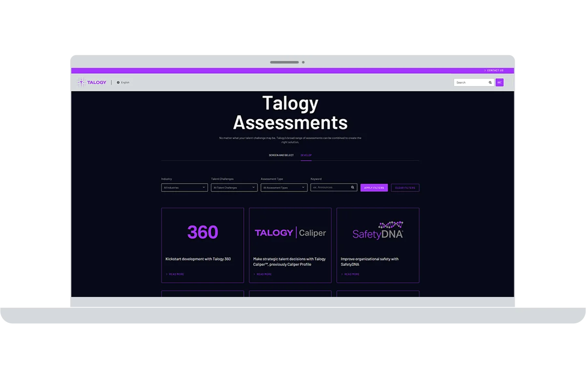 screenshot of the talogy assessment finder on a laptop