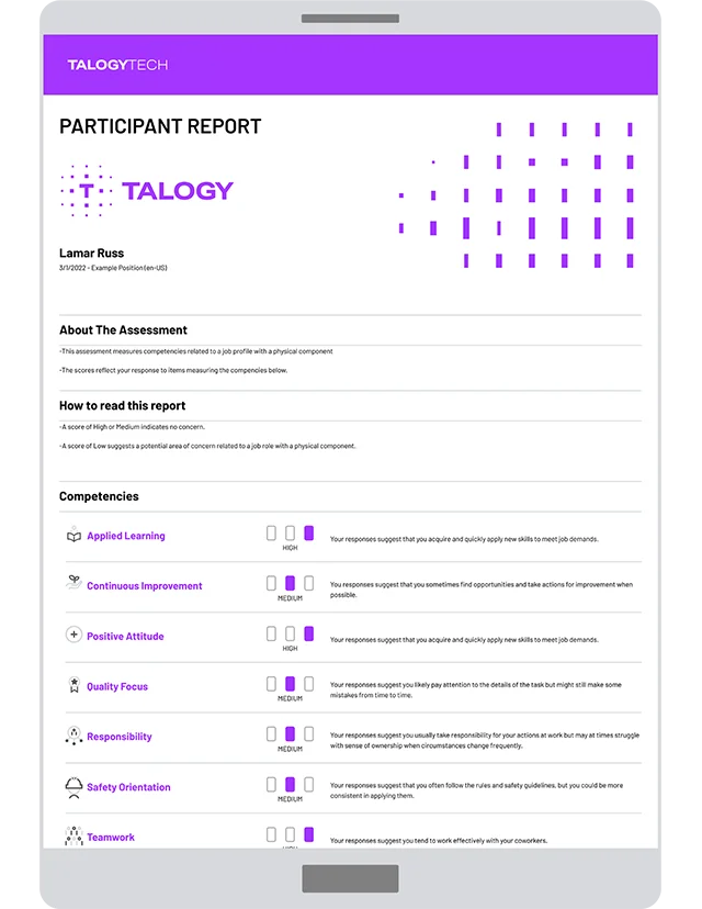 screenshot from a talogytech participant report