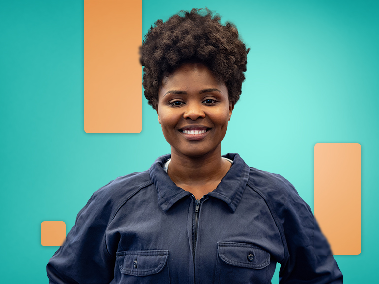 woman wearing blue jumpsuit hero image