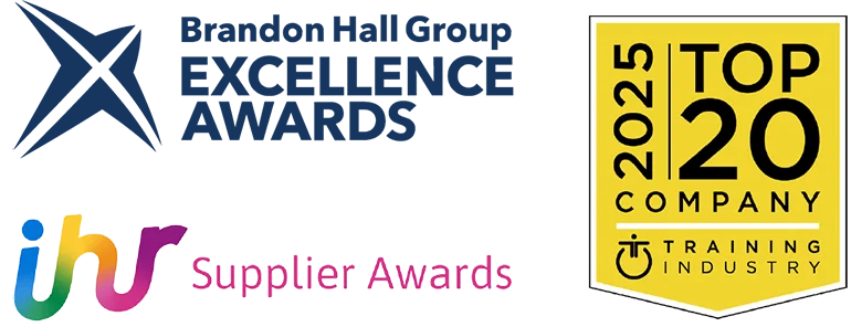 brandon hall group excellence awards ihr supplier awards and 2025 top 202 company for training industry logos